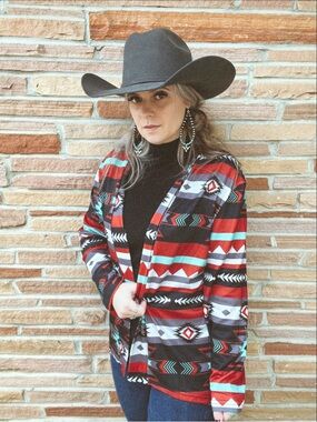 Aztec Print Open Front Cardigan - Red & Teal